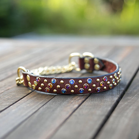 Leather and crystal martingale dog collar.