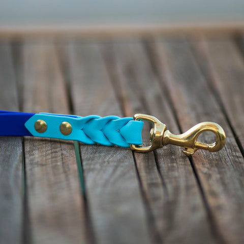 braided biothane leash end in ice blue and a solid brass snap hook, placed on a wooden table.