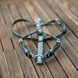 Australian made biothane puppy harness front view laid flat out on a table.