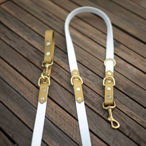 white and gold multi dog leash australian made.