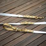 handle of dog leash clips back onto a dee ring.