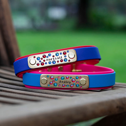 Dual Layer Biothane Dog Collar Australia. Top strap is attached to the bottom layer via chicago screws or rivets. 