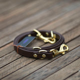 Biothane multi leash packed for shipping with tag. Solid brass clip, solid brass dee rings and solid brass chigaco screws.