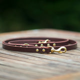 Australian made Leather Utility multi leash. Solid brass hardware with chocolate coloured leather with burnished edges, displayed on a wooden table.